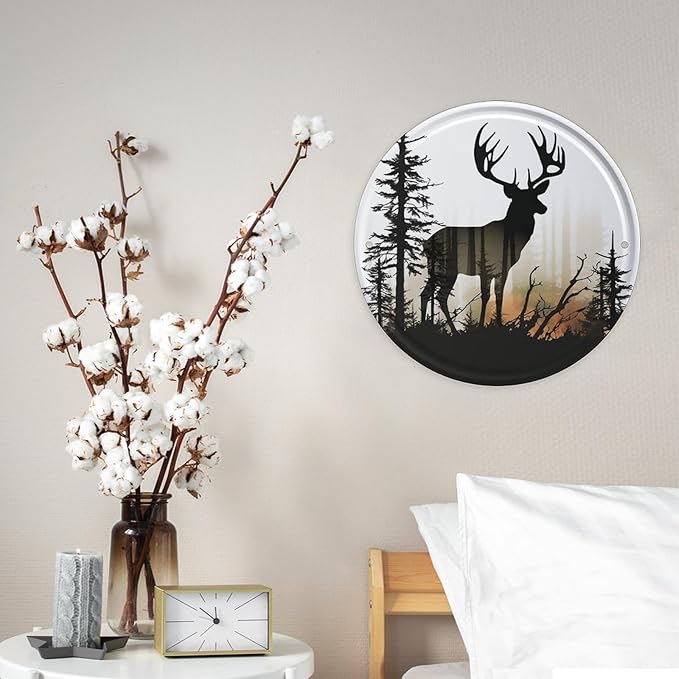 Wall Picture, with Deer Silhouette Printed Circular Iron Hanging Picture,Wall Art Decor,Home for Bedroom Living Room Bathroom Decor,Iron Painting 11.8X11.8 in