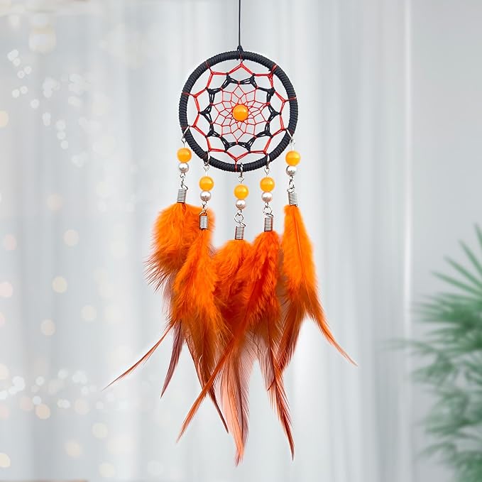 Small Dream Catcher Orange, Car Dream Catcher for Rearview Mirror Hanging Accessories, Mini Dream Catchers for Boys