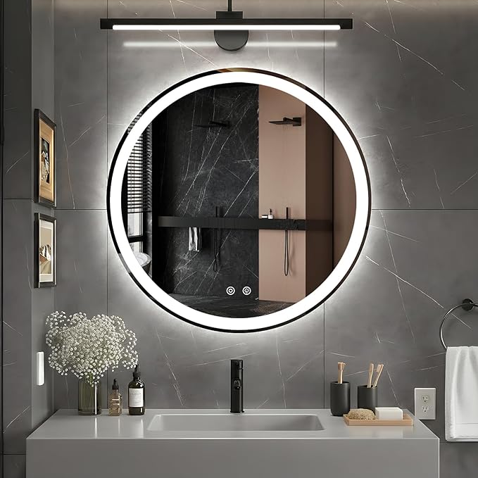 DUMOS 28 Inch Round LED Bathroom Mirror with Lights, Circle Vanity Mirror with Anti-Fog, Dimmable, 3-Color Light, Front Light and Backlit, Memory Function, Tempered Glass
