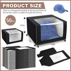 50 Pack Hat Boxes with Clear Window, Foldable Black Gift Boxes for Baseball Caps, Storage, Display and Shipping