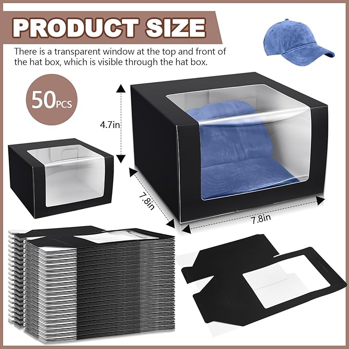 50 Pack Hat Boxes with Clear Window, Foldable Black Gift Boxes for Baseball Caps, Storage, Display and Shipping