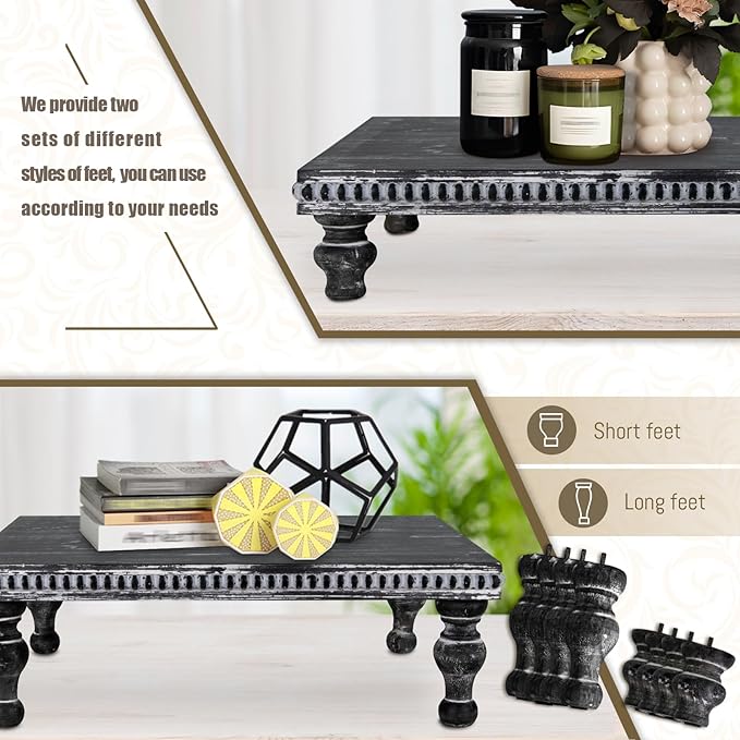 MAONAME Wood Display Risers Decorative Tray, Farmhouse Pedestal Stand for Display Home Decor, Vintage Black Beaded Wooden Tray for Kitchen Counter, Short and Tall Footed