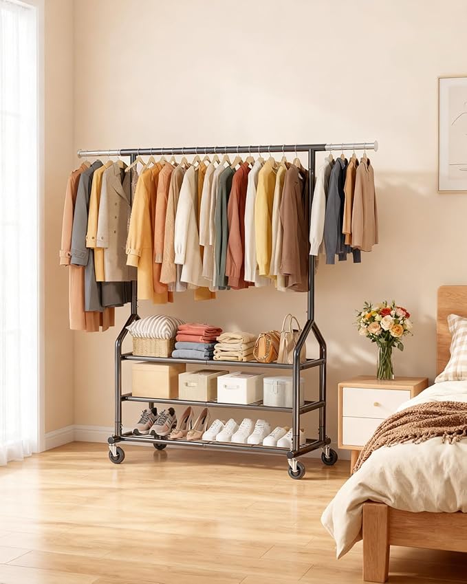 EAGMAK Heavy Duty Clothes Rack Load 686 LBS, Rolling Clothing Rack with 3 Shelves, Height Adjustable Metal Coat Racks, Portable Garment Closet Wardrobe Organizer with Wheels for Hanging Clothes, Black