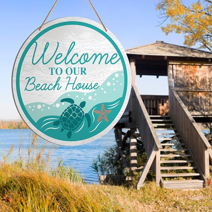Beach House Welcome Sign Decor, Summer Beach Hanging Sign Decor Farmhouse Wall Decorations Wood Sign for Front Door, Patio, Porch, Housewarming Gift for Beach House Home, Welcome to Our Beach House