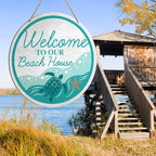 Beach House Welcome Sign Decor, Summer Beach Hanging Sign Decor Farmhouse Wall Decorations Wood Sign for Front Door, Patio, Porch, Housewarming Gift for Beach House Home, Welcome to Our Beach House