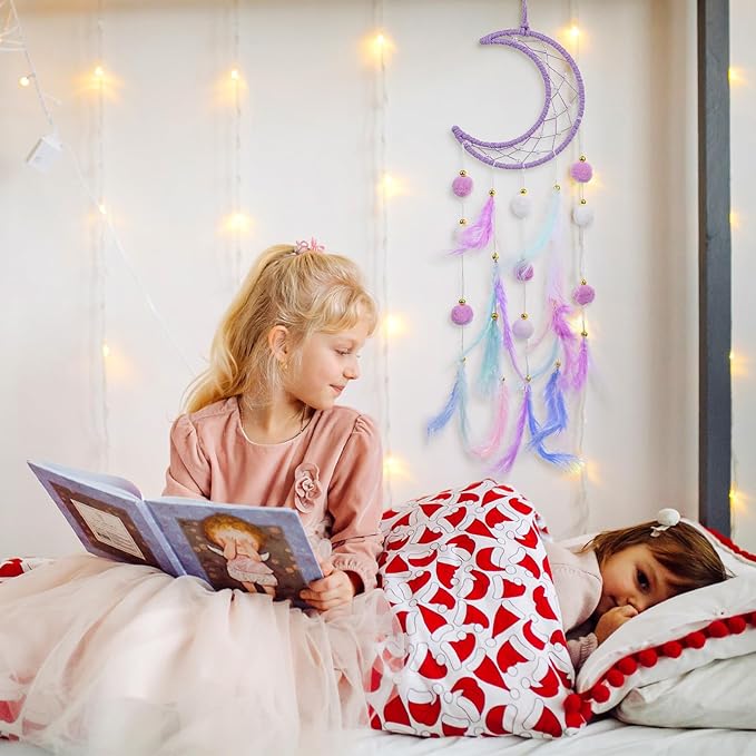 ElevateTech Purple Dream Catcher Wall Hanging Set, 2 Pcs Moon Star Pompom Feather Dreamcatcher Wall Decor Handmade Dream Catchers Boho Room Decor for Bedroom, Nursery Walls Art Birthday Gifts