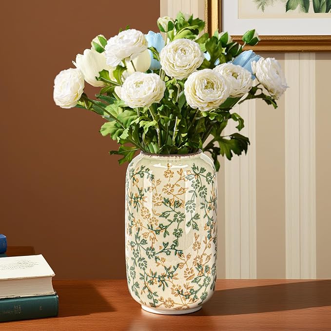 Ceramic Vase for Flowers – Modern Small Ribbed Textured Flower Vase for Home Decor, Pampas Grass, Decorative, Farmhouse, Coffee Table, Kitchen Centerpieces, Bookshelf and Home Living (Ice Crack Beige)