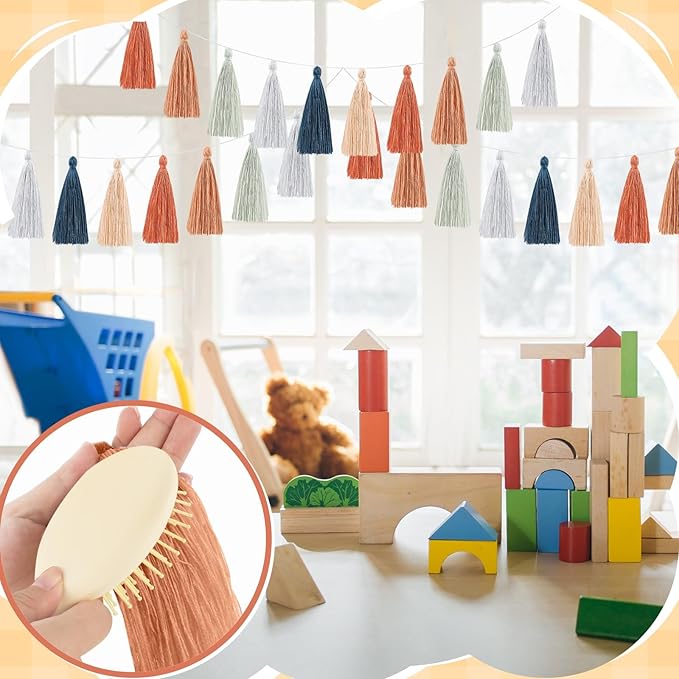 WILLBOND 4 Pieces Valentine's Day Tassel Garland for Classroom Wall Decor Boho Pastel Garland Cotton Tassel Banners for Party School(6.2 Inch,Brown Color)