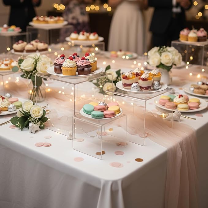 Chuangdi 2 Sets Acrylic Display Risers, Product Stand, Jewelry Display Riser Shelf Showcase Fixtures for Dessert Cupcake Candy Figure Treat Action Showcase(Clear,Medium Set)