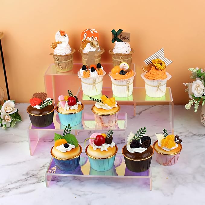 ELEGANTLIFE Acrylic Display Risers Set of 4, 4-Level Tiered Display Stands for Cupcakes, Small Figures & Jewelry, Compact Countertop Display Shelf, Multiple Colors Available (Iridescent)