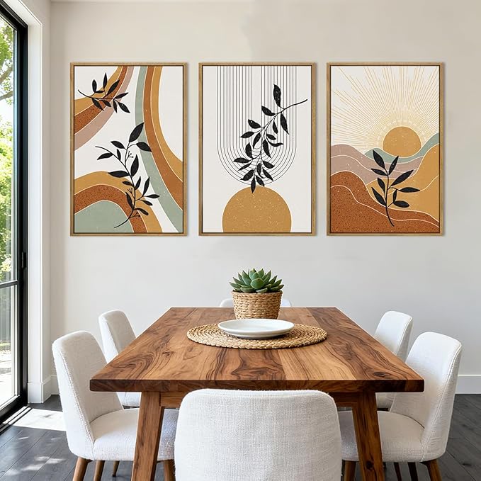 BINCUE Extra Large Boho Abstract Wall Art Abstract Line Wall Decor Mid Century Modern Artwork Boho Plants Wall Pictures Orange Abstract Paintings Orange Art Prints for Living Room Bedroom Office 24x36 Inches 3 Pieces