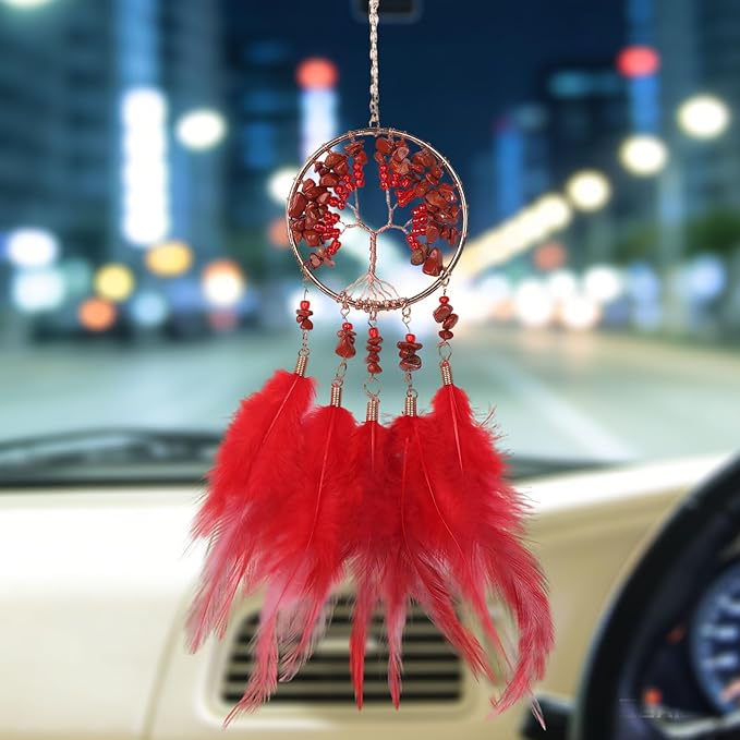 Pretty Jolly Small Tree of Life Crystal Stone Dream Catchers Red Feathers Mini Dreamcatchers for Cars Rear View Mirror Hanging Decoration Good Luck Travel Charm Bedroom Ornaments for Women Girls