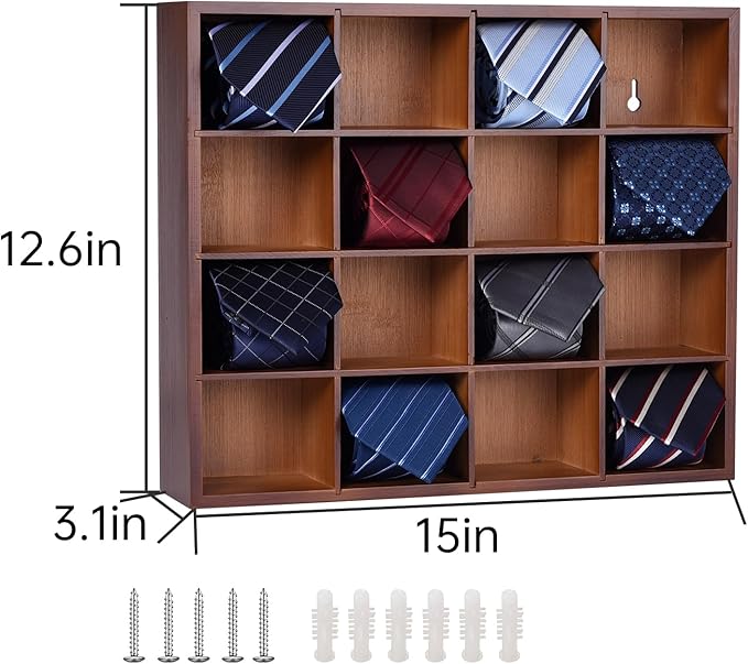 Wall Mounted Tie Rack - 16 Compartment Tie Organizer with Display Racks for Bedroom & Wardrobe