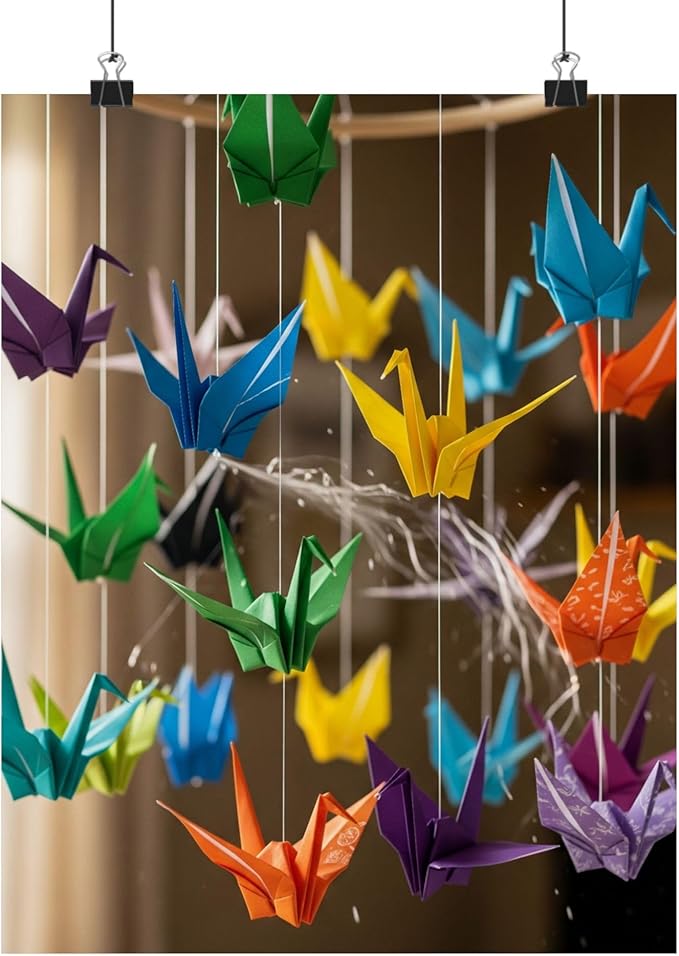 A Colorful Origami Crane Mobile Spinning in Soft Wind - Made in USA