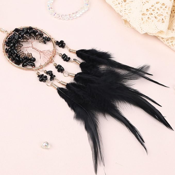 Pretty Jolly Small Tree of Life Crystal Stone Dream Catchers Black Feathers Mini Dreamcatchers for Cars Rear View Mirror Hanging Decoration Good Luck Travel Charm Bedroom Ornaments for Women Girls