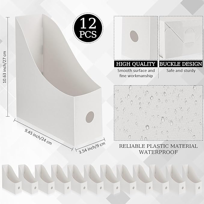 Geyee 12 Pack Magazine File Holder Plastic Desk Organizer Magazine Holder Storage Heavy Duty File Boxes for Home Storage and Office Organization(White)