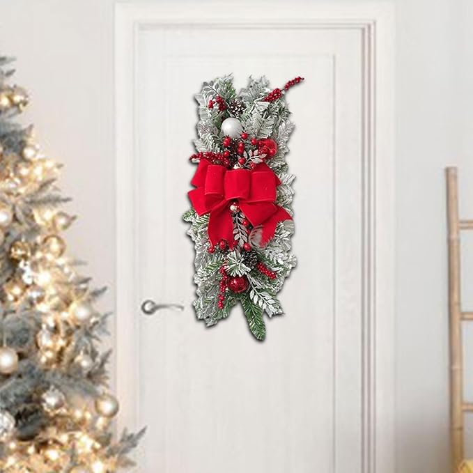 SM SunniMix Christmas Swag Teardrop Swag Artificial Wreath Door Swag Decorative Bow Ornament Lightweight PP Material Suitable for Gift Giving Home Decoration, Flocking Red