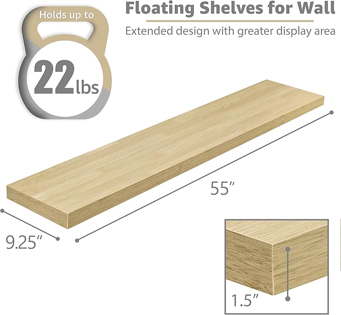 Sorbus Floating Shelves for Wall - 55 Inch Extra-Long Bathroom Shelves, Wall Decor for Bedroom, Kitchen, Living Room, Book Storage - Mounted Floating Shelf with Hidden Brackets (Maple Wood, 2 Pack)