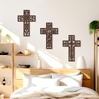 Bnesi 3 Pcs Wooden Cross Wall Art - Brown Carved Pattern Religious Crosses for Living Room, Church, Wedding, Office, Hospital
