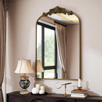 VooBang Vintage Arched Bathroom Mirror, 26x38 Inch Retro Wall Mounted Vanity Mirror with Carved Pattern Top and Metal Frame, Antique Decorative Mirror for Hanging or Leaning