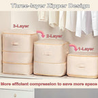 Ultra Space Saving Self Compression Organizer, 3-Layer Zipper Large Capacity Storage Bag, Thick Satin Fabric Heavy Duty Bags for Comforters Blankets Bedding Duvet (Beige, X-Large, 21x17x24in)