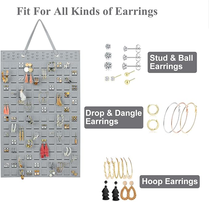 Hanging Earrings Organizer, Wall Earring Holder with 2 Hooks, Holds Up To 300 Pairs, Compact Design, Soft Material-Silber Grey