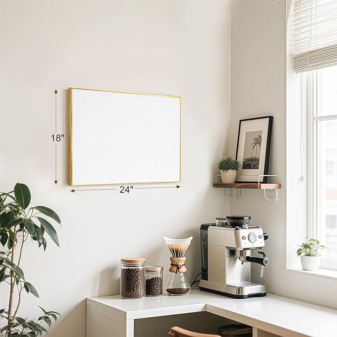 Linen Bulletin Board 24 x18 Inches, White Pin Board Vision Board, Gold Aluminum Framed Fabric Cork Board for Home Office Wall Decor, 10 Push Pins
