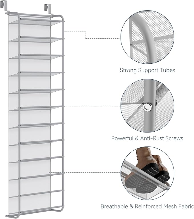 Whitmor 36 Pair Over The Door Shoe Organizer, 12 Tier Hanging Shoe Organizer, Heavy Duty Metal & Mesh Shoe Holder, Hanging Shoe Rack for Closet Organizer & Storage, 69"L x 21.7"W x 7.5"H, Grey