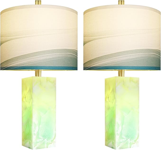 Scenekoy 23" Alabaster Table Lamp Set of 2 with Night Light for Bedroom Living Room, Rotary Switch, Blue Table Lamp with Linen Shade, Modern Nightstand Lamps for Room Bedside Bedroom (Bulb Included)