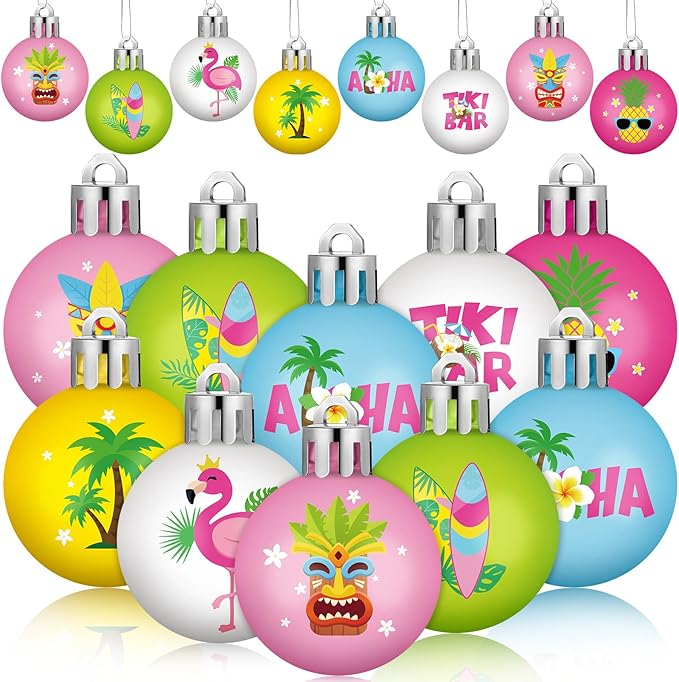 HyDren 40 Pcs Summer Tree Ornaments Mini Summer Hanging Tree Decorations 1.2 Inch Pastel Flamingo Surboard Pineapple Palm Beach Tropical Ball Decorations for Home Luau Holiday Decorative Supplies
