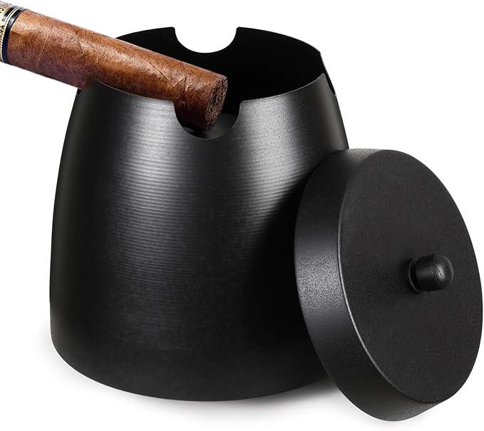 Cigar Ashtray with Lid for Outdoors Indoors Outside Patio Home Black Decor,Large Holder Ash tray Windproof,Cigar Accessories Gift for Men Dad Husband Boyfriend (Large)