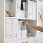 BLU MONACO Set of 4 Magazine Holders | White Marble Design with Gold Label Holders | Foldable File Organizer Boxes for Desk, Office & Classroom | Stylish Paper & Magazine Storage