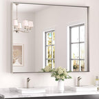 Keonjinn 48 x 40 in Brushed Nickel Bathroom Mirror, Rectangular Wall Metal Framed Vanity Mirror Square Corner Aluminum Alloy Modern Rectangle Wall-Mounted Mirror(Horizontal/Vertical)