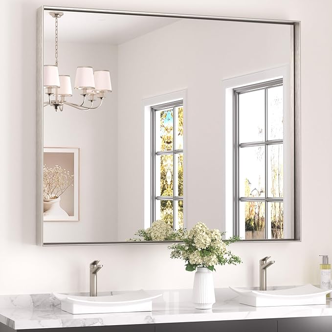 Keonjinn 48 x 40 in Brushed Nickel Bathroom Mirror, Rectangular Wall Metal Framed Vanity Mirror Square Corner Aluminum Alloy Modern Rectangle Wall-Mounted Mirror(Horizontal/Vertical)