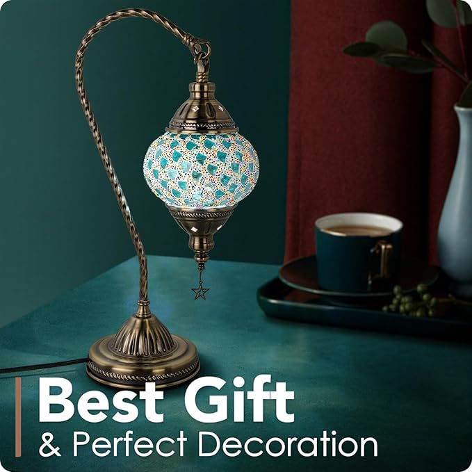 Yarra-Decor Turkish Moroccan Lamp with Bronze Base 3-Way Color Changing Handmade Swan Neck Tiffany Mosaic Glass Bedside Lamps for Bedroom (LED Bulb Included) (Colorful4)