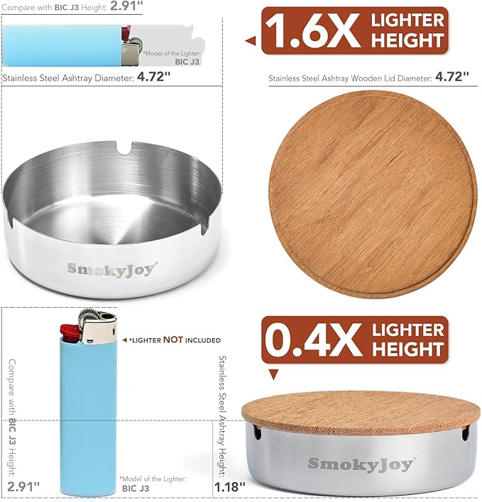 Ashtray with Lid for Outside Patio, 2 Pack Windproof Ash Tray, Silver Stainless Steel Smokeless Ashtray for Outdoor Home Office Tabletop Patio Outdoor Balcony, Large