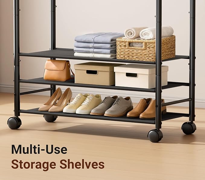 SLEEPING LAMB 44" Double Rods Clothes Rack for Hanging Clothes, Sturdy Wardrobe Clothing Rack with 3 Tier Shelves, Portable Rolling Garment Rack With Wheels for Bedroom, Laundry Living Room, Black