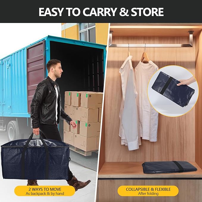 Extra Large Storage Bags Set Heavy Duty Moving Totes with Handles, Waterproof Dual-Durable Storage Totes For Space-Saving Moves, (Dark Blue, 12 Park-2 Moving bag & 10 Vacuum Seal Bags)