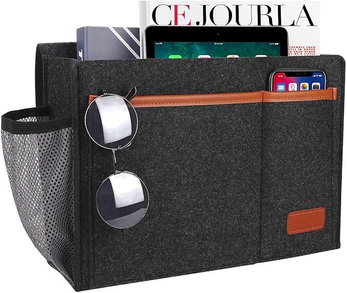 Bedside Caddy, Bed Storage Organizer for Remote Controller, Books, Magzine, Laptop Holder, 12.4'' x 8.6'' inch Bedside Hanging Felt Storage Bag for Dorm Bed with 5 Pockets, Dark Gray