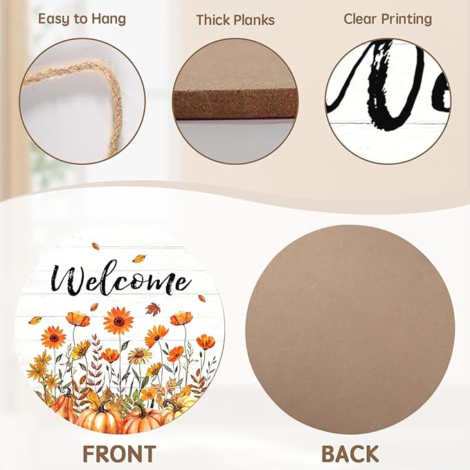 Fall Welcome Sign for Front Door Fall Floral Wooden Door Hanger 12x12 Inch Autumn Wreath for Outdoor Outside Porch Decor Farmhouse Flowers Welcome Hanging Sign for Home Wall Greeting Party