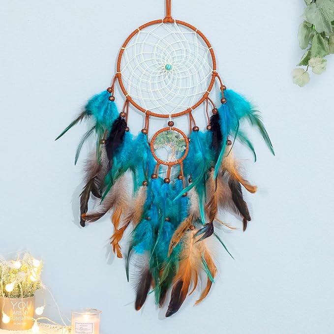 Dream Catcher Blue Tree of Life with Feathers, Handmade Indians Traditional Circular Net for Wall Hanging Decor, Bedroom Kids, Home Decoration Wedding Party Blessing Gift