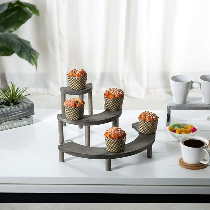 MyGift 3 Tier Cupcake Stand, Vintage Gray Weathered Solid Wood Semicircle Dessert Appetizer Stands, Tiered Platform Display Risers for Spice Jars Cosmetics, 3-Piece Set