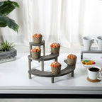MyGift 3 Tier Cupcake Stand, Vintage Gray Weathered Solid Wood Semicircle Dessert Appetizer Stands, Tiered Platform Display Risers for Spice Jars Cosmetics, 3-Piece Set
