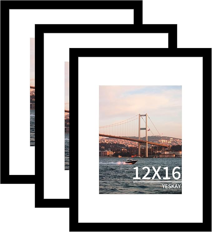 12x16 Picture Frame 3 Pack - Black Poster Frame Display Pictures 8.5x11 with Mat or 12 x 16 Without Mat for Wall Hanging Horizontal and Vertical