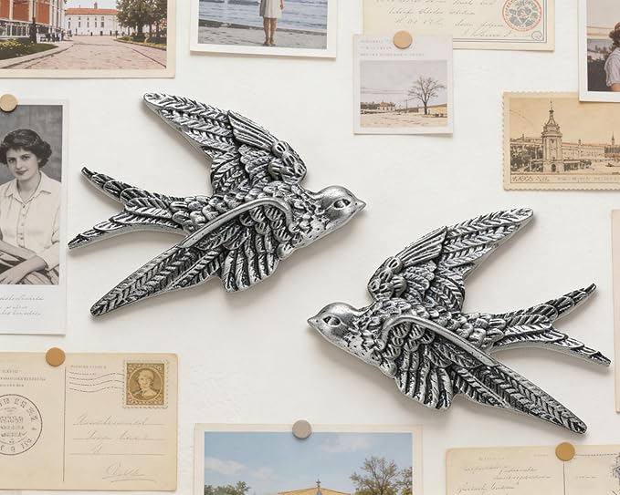 AMOIENSIS Bird Wall Sculpture Art, (Set of 2) 4¾ inch Resin Metallic Silver Bird 3D Sculpted Floating Hanging Wall Sculpture Decoration