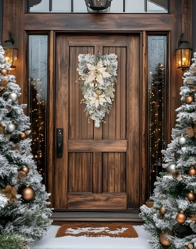 27.5" Artificial Christmas Teardrop Swag with Champagne Poinsettia, Pine Cones, Berries & Ornaments, White Cedar Branch Base for Christmas Thanksgiving Winter Holiday Front Door and Wall Decoration