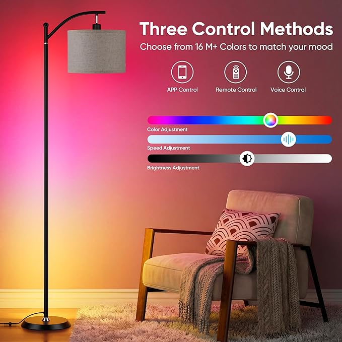 Smart LED RGBCW Corner Lamp with Linen Lampshade Compatible with Alexa, Color Changing Standing Lamp with 16 Million DIY Colors, Music Sync, Tall lamp for Living Bedroom Room,APP/Voice/Remote Control