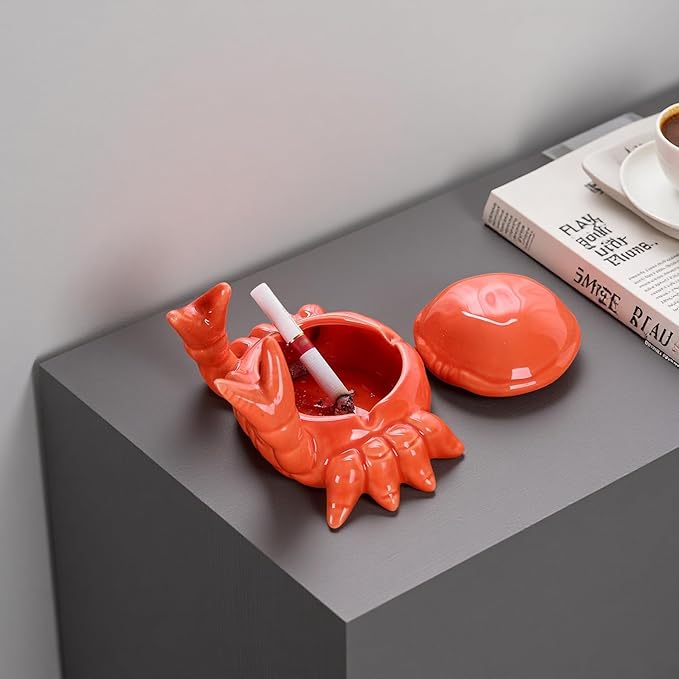Ashtray with Lid, Windproof Tabletop Ceramic Cigarette Ash Tray for Outside or Inside, Crab Decor
