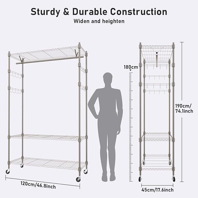 Heavy Duty Clothes Rack, Adjustable Rolling Garment Rack with Shelves, Freestanding Wardrobe Rack 1 Clothes Hanging Bar, 3 tired Wire Shelving, 4 Hanger Hooks - Hold Up to 400Lbs (Gray, 1Rod 4Hook)