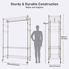 Heavy Duty Clothes Rack, Adjustable Rolling Garment Rack with Shelves, Freestanding Wardrobe Rack 1 Clothes Hanging Bar, 3 tired Wire Shelving, 4 Hanger Hooks - Hold Up to 400Lbs (Gray, 1Rod 4Hook)